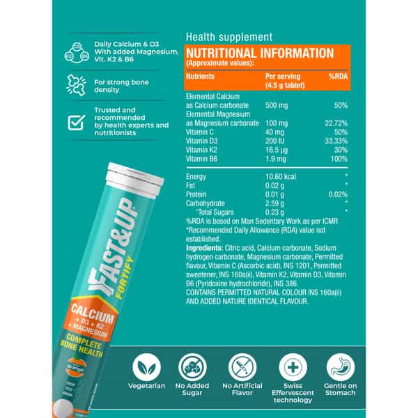 Fast&Up Fortify Calcium Vitamin D3 Tablet With Added Magnesium | Vitamin C & Vitamin K (20 Tablets)