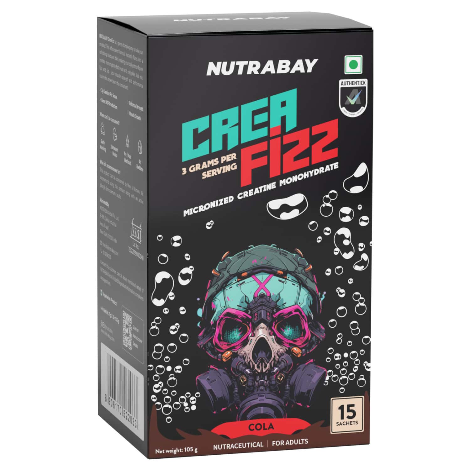 Nutrabay Creafizz Effervescent Powder | Rapid Absorption | Cola Flavour| 15 Sachets (105g)