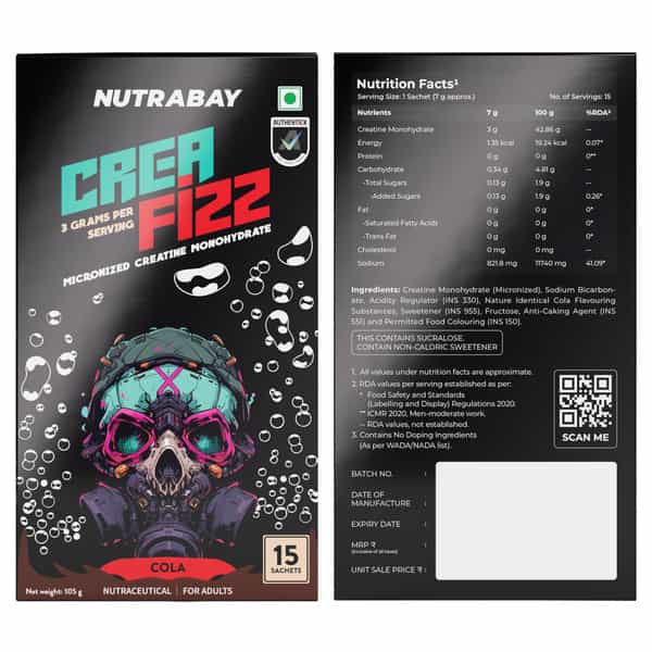 Nutrabay Creafizz Effervescent Powder | Rapid Absorption | Cola Flavour| 15 Sachets (105G)