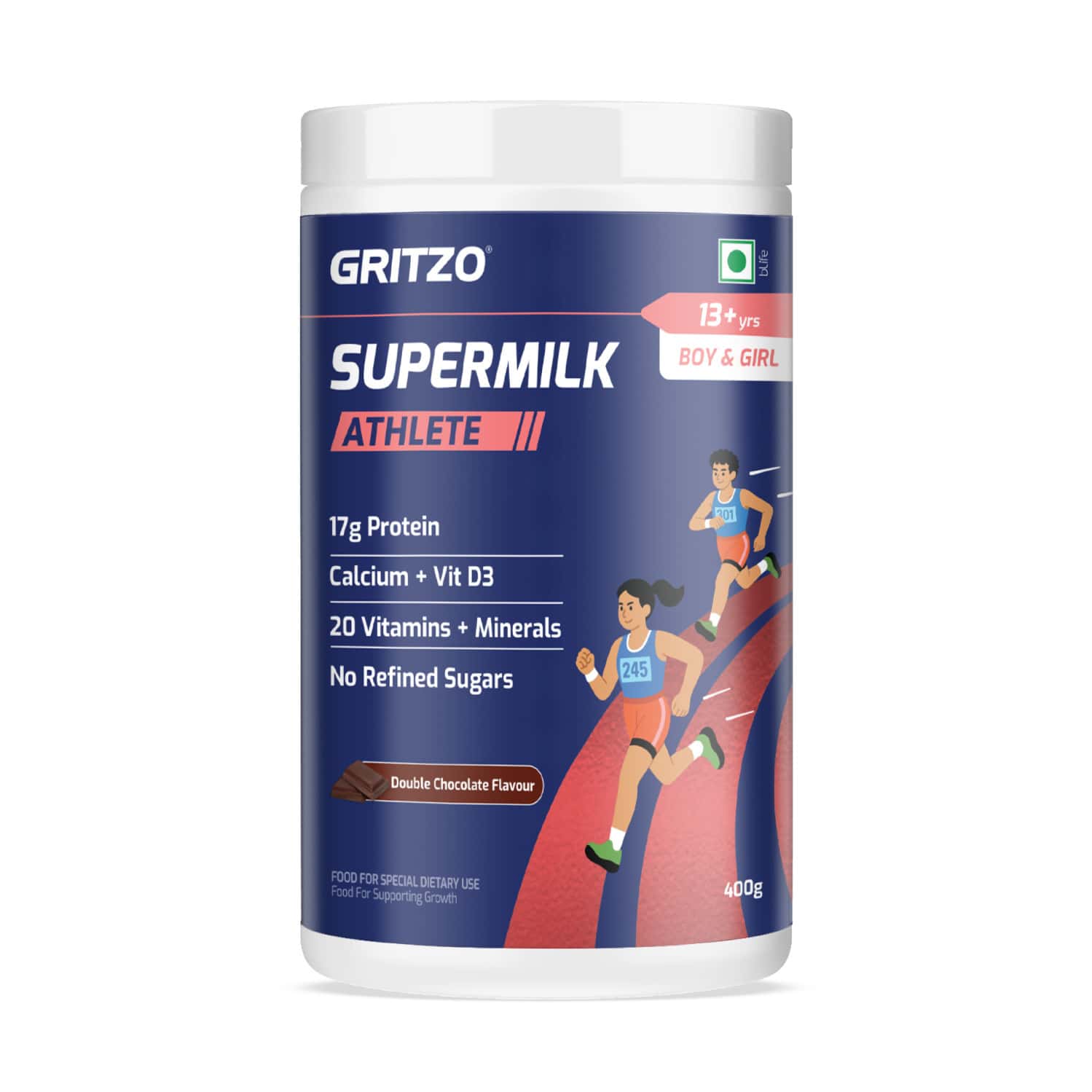 Gritzo Supermilk Athlete (13+y Boy & Girl) | 17g Protein Powder (double Chocolate | 400g)