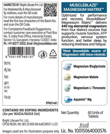 Muscleblaze Magnesium Matrix (60 Tablets) 440Mg Elemental Magnesium | Support Performance | Recovery