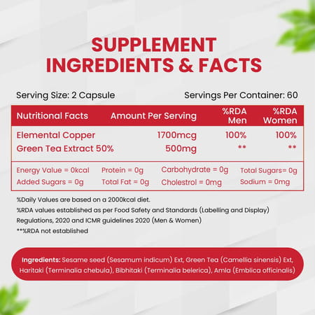 Vlado's Himalayan Organics Plant Based Copper 1700Mcg With Green Tea Extract - 120 Veg Capsules