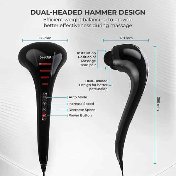 Beatxp Thunder Double Headed Hammer Body Massager Machine With 3 Attachment Pairs (Jade Black)