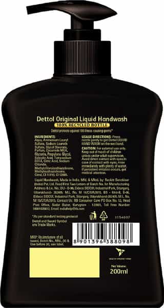 Dettol Original Germ Protection Liquid Handwash 100% Recycled Black Bottle - 200Ml