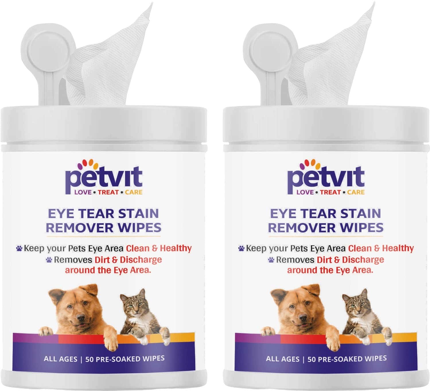 Petvit Eye Tear Stain Remover Wipes For Dogs And Cats Fragrance Less 50 Wipes For All Age Pack Of 2