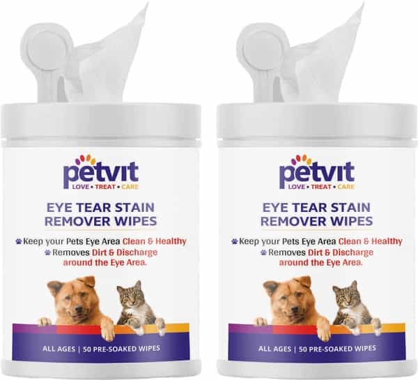 Petvit Eye Tear Stain Remover Wipes For Dogs And Cats Fragrance Less 50 Wipes For All Age Pack Of 2