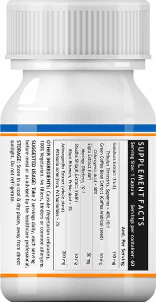Inlife Energy Booster Supplement Tribulus Green Coffee Moringa Shilajit Ashwagandha-60 Veg Capsules
