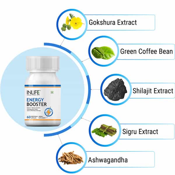Inlife Energy Booster Supplement Tribulus Green Coffee Moringa Shilajit Ashwagandha-60 Veg Capsules