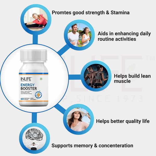 Inlife Energy Booster Supplement Tribulus Green Coffee Moringa Shilajit Ashwagandha-60 Veg Capsules