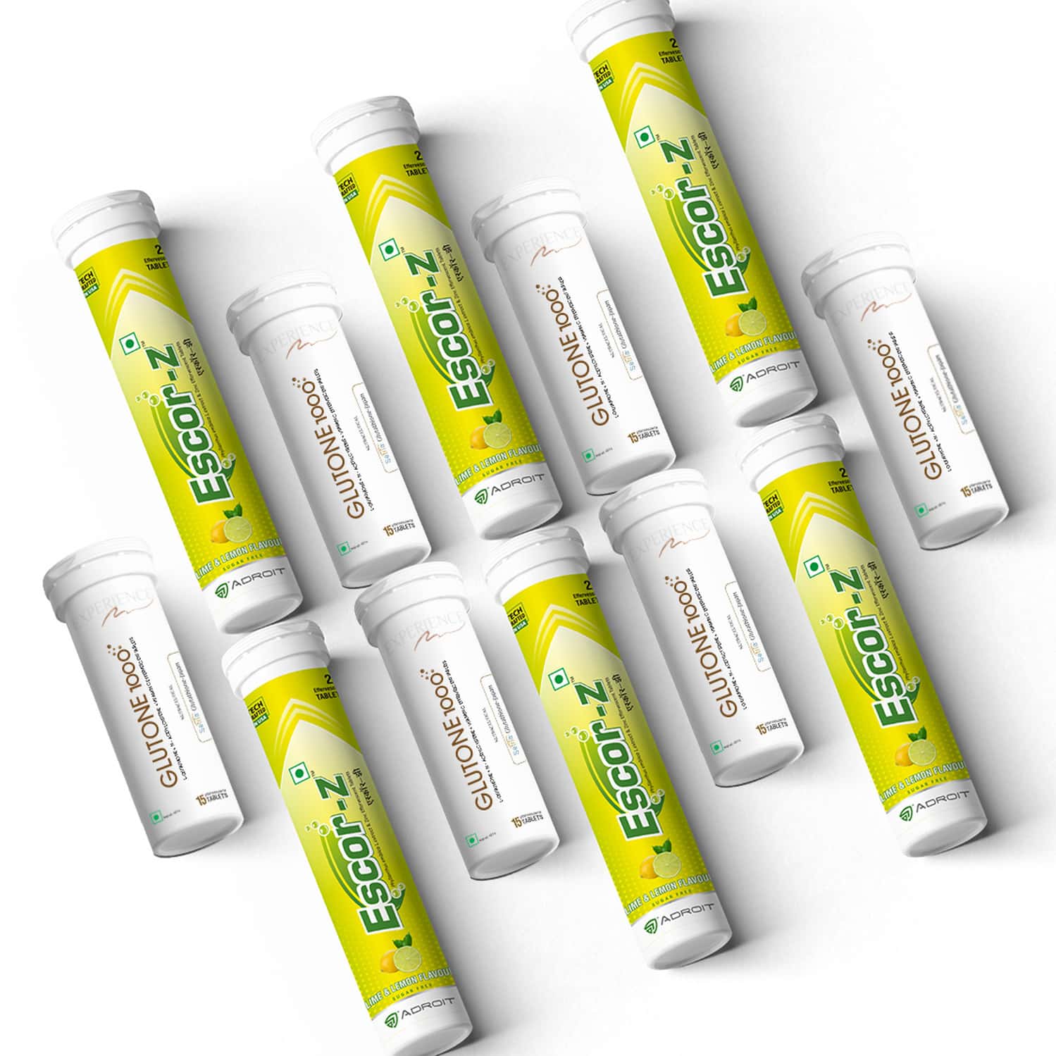 Glutone 1000 & Escor-z - Setria Glutathione With Vitamin C Lime Flavor Tablets (skin Glow Combo)