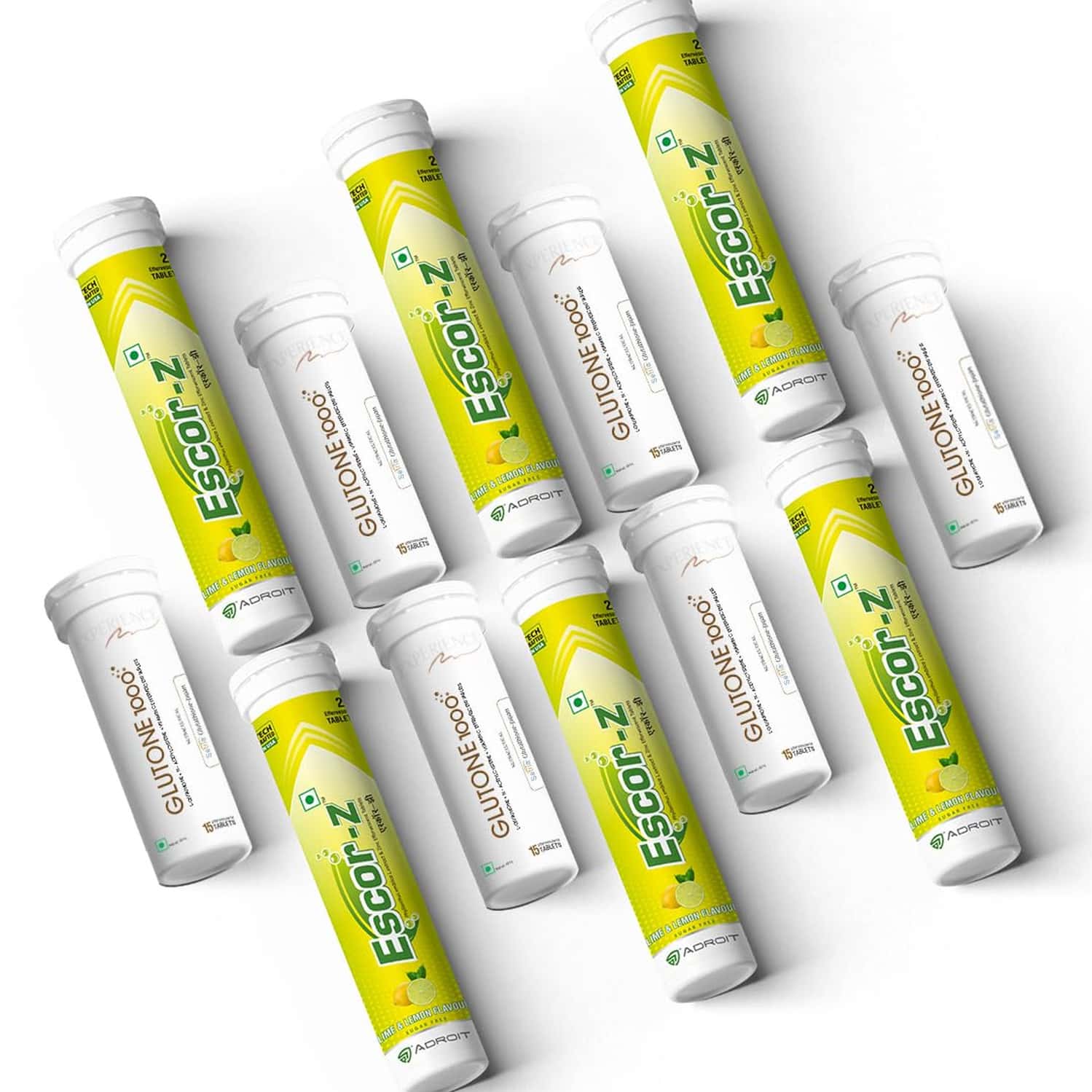 Glutone 1000 & Escor-z - Setria Glutathione With Vitamin C Lime Flavor Tablets (skin Glow Combo)