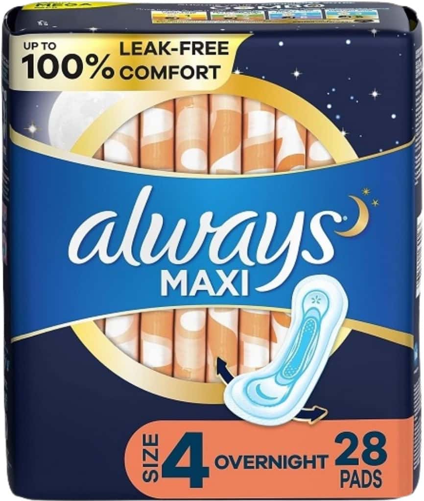 Always Maxi Size 4 Feminine Pads Without Wings Overnight Absorbency Unscented 28 Count