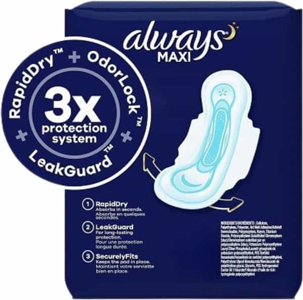 Always Maxi Size 4 Feminine Pads Without Wings Overnight Absorbency Unscented 28 Count