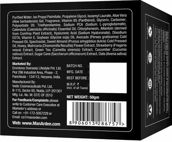 Man Arden Hydrating Face Cream For Men -Vitamin B5 Hyaluronic Acid For Skin Moisturization 50 G