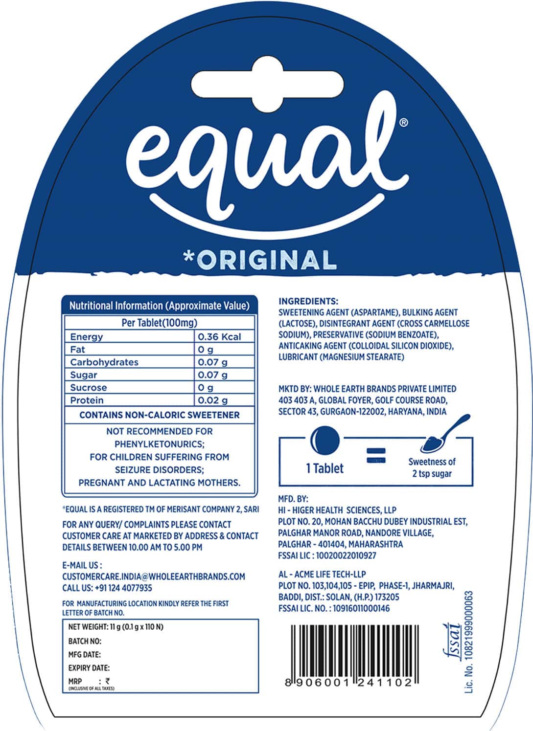 Buy EQUAL ORIGINAL LOW CALORIE SWEETENER SUGAR FREE LOW CALORIES SUGAR