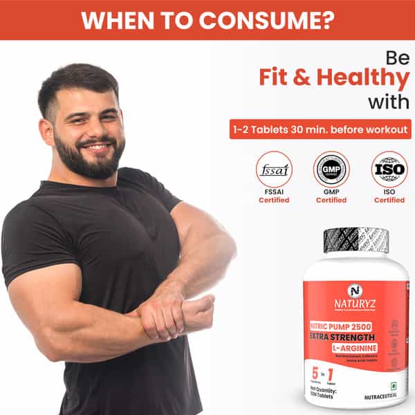 Naturyz Nitric Oxide Pump 2500 L-Arginine Citrulline Caffeine For Pre-Workout & Stamina - 50 Tablets