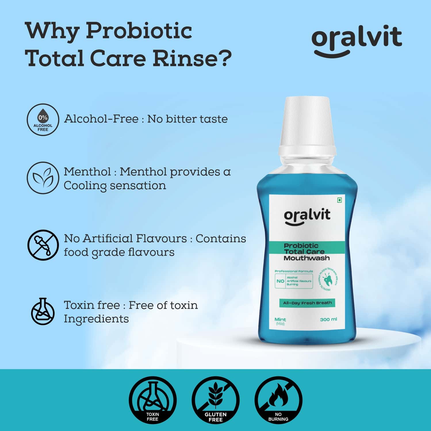 Buy ORALVIT PROBIOTIC TOTAL CARE MOUTHWASH WITH MILD MINT KILL 99 OF