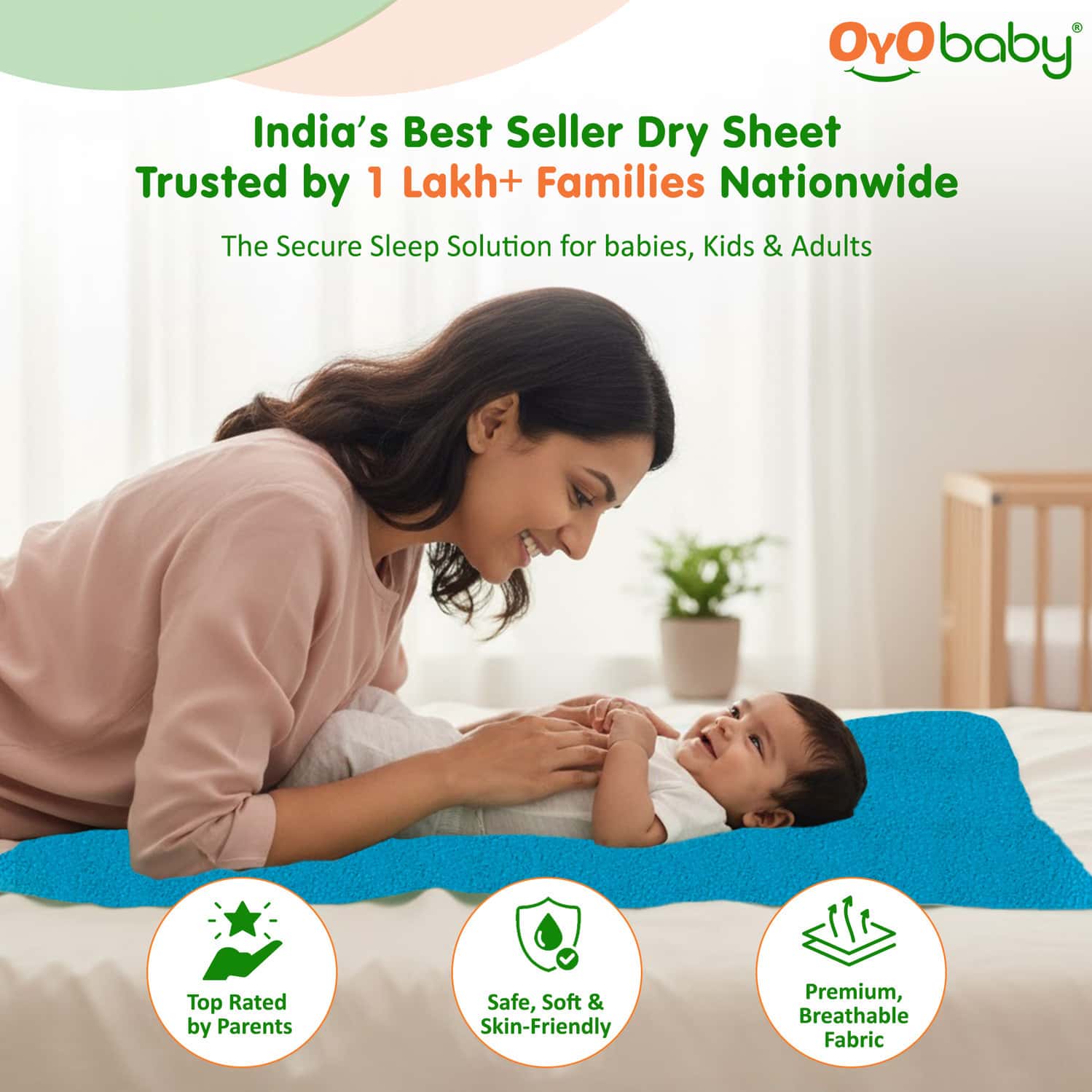 Oyo Baby Durable Baby Dry Sheet Breathable | Quick-Dry | Soft Fabric Pack Of 2 140x100 Cm Firoza