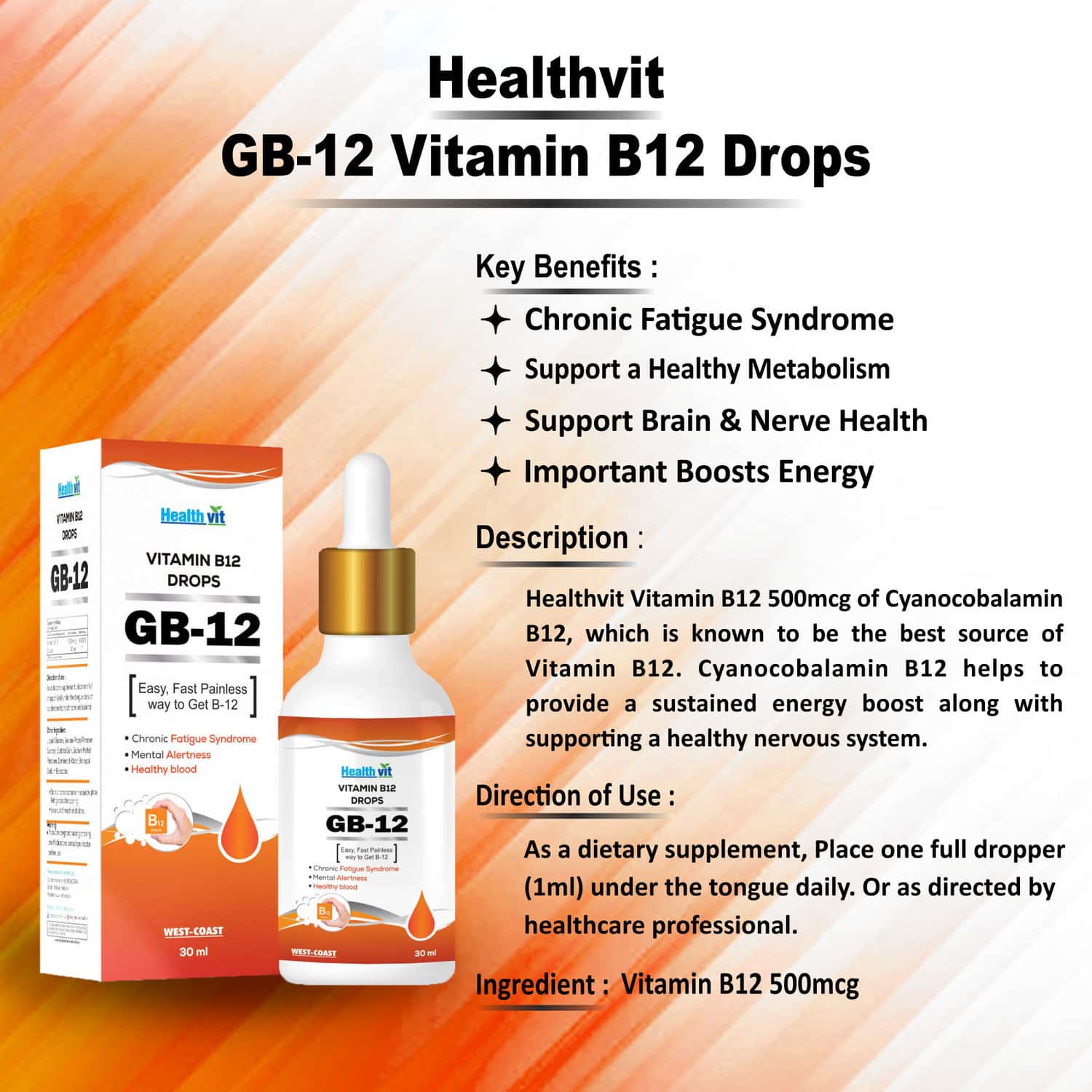 Buy Healthvit Gb12 Vitamin B12 500mcg Vitamin Drops Bottle Of 30 Ml