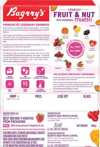 Bagrrys Crunchy Muesli Fruit And Nut With Cranberries 400 Gm