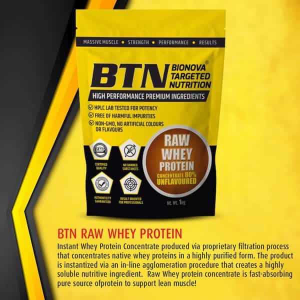 Btn Sports Raw Whey Protein Powder Concentrate 80% | Unflavoured | 1 Kg | 33 Servings