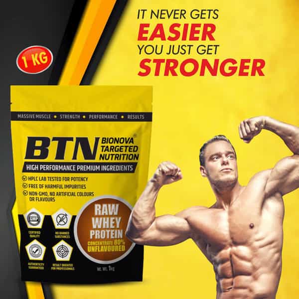 Btn Sports Raw Whey Protein Powder Concentrate 80% | Unflavoured | 1 Kg | 33 Servings