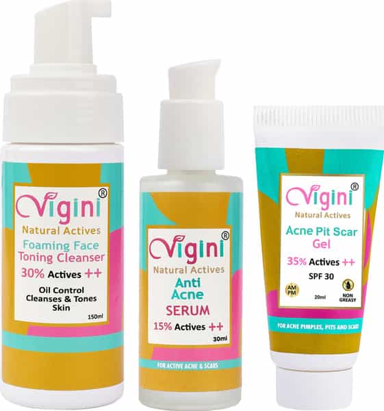 Vigini Anti-Acne Oil Control Foaming Toner Face Wash 150Ml | Serum 30Ml & Pits Scar Stop Gel 20Ml