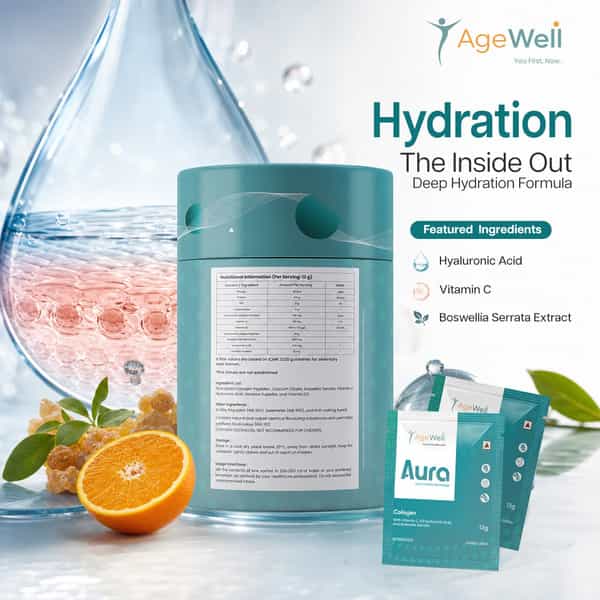 Agewell Collagen Peptides With Vitamin C & Hyaluronic Acid - Skin Glow & Joint Support | 10 Sachets