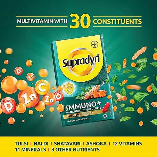 Supradyn Immuno + | Vit C | Vit D | Zinc | Blend Of Tulsi | Turmeric | Pack Of 9 X 10 Tablets