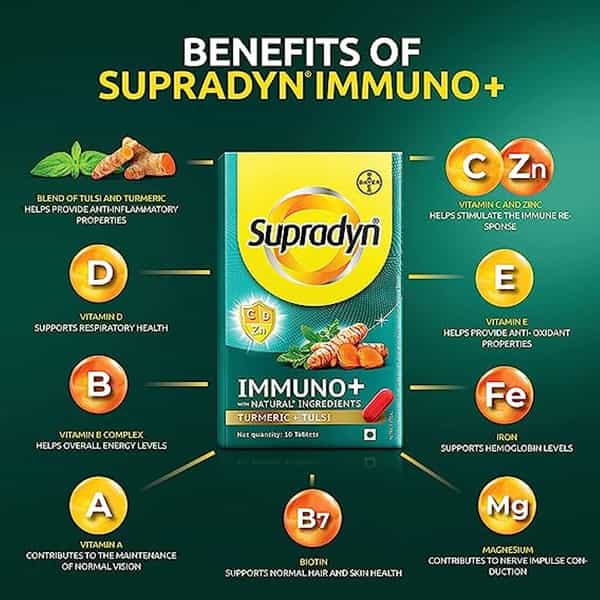Supradyn Immuno + | Vit C | Vit D | Zinc | Blend Of Tulsi | Turmeric | Pack Of 9 X 10 Tablets