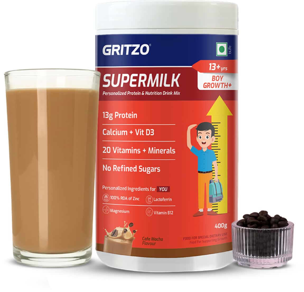 Gritzo Supermilk Growth+ (13+y Boys) | 13g Protein Powder (cafe Mocha | 400g)