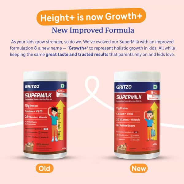 Gritzo Supermilk Growth+ (13+Y Boys) | 13G Protein Powder (Cafe Mocha | 400G)