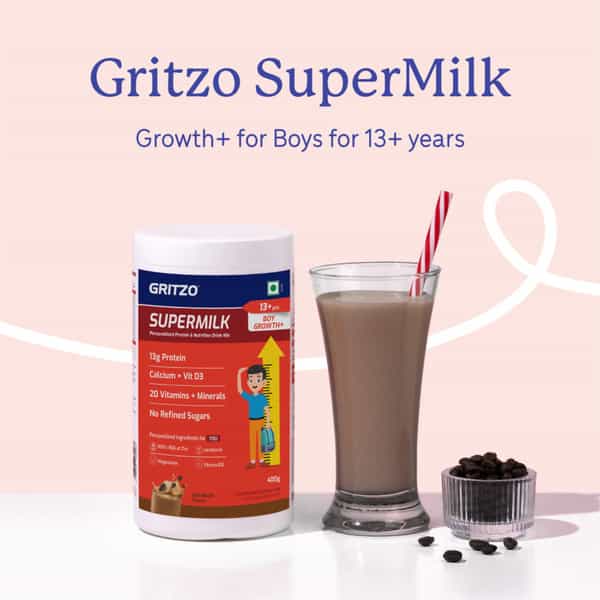 Gritzo Supermilk Growth+ (13+Y Boys) | 13G Protein Powder (Cafe Mocha | 400G)