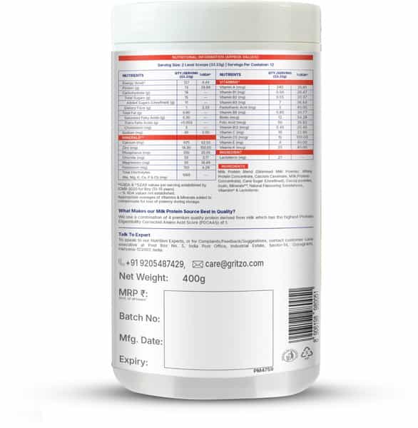 Gritzo Supermilk Growth+ (13+Y Boys) | 13G Protein Powder (Cafe Mocha | 400G)