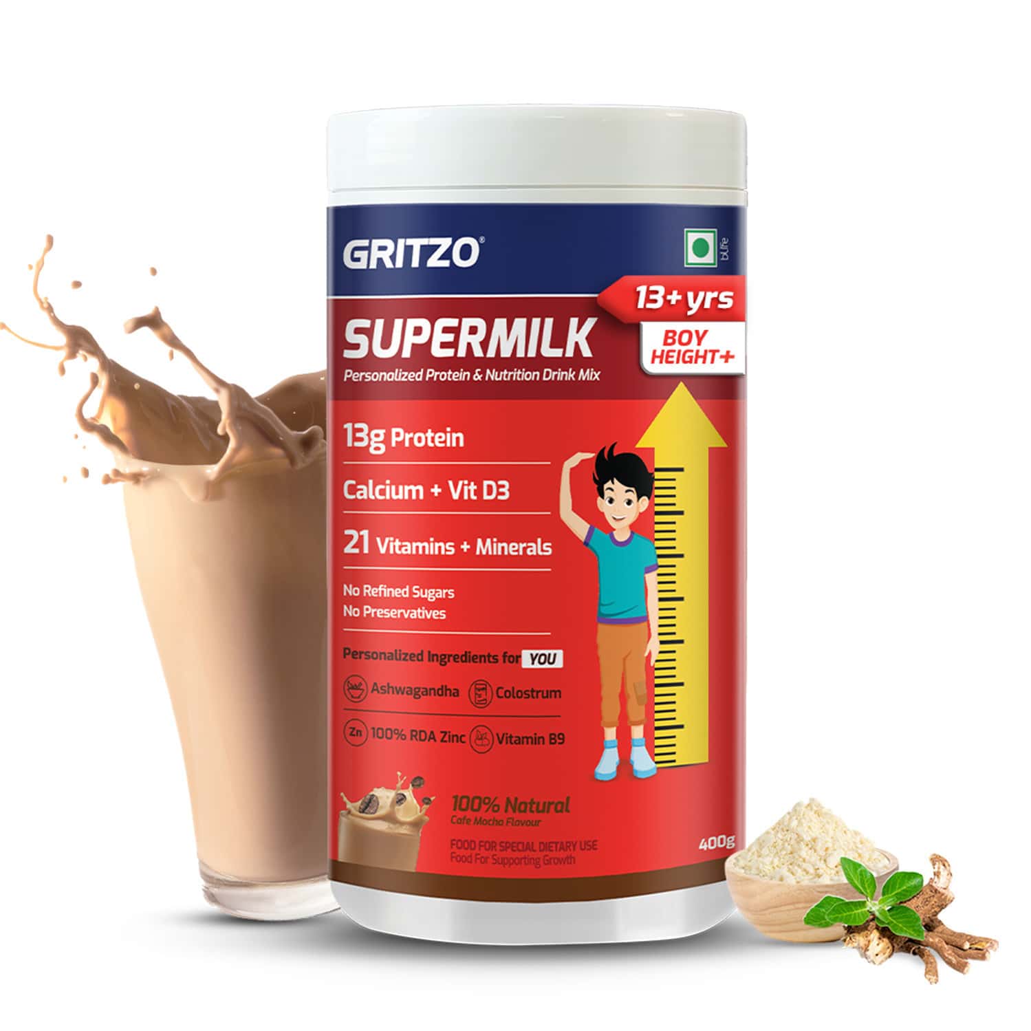 Gritzo Supermilk Height+ Protein Drink For Boys (13+ Yrs) | 400g | Cafe Mocha