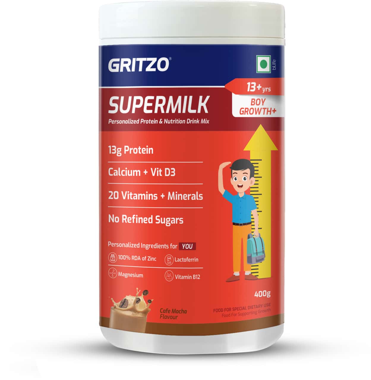 Gritzo Supermilk Growth+ (formerly Height+) (13+y Boys) | 13g Protein Powder (cafe Mocha | 400g)