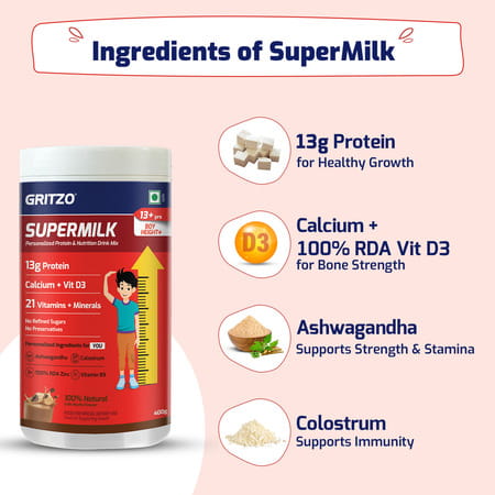Gritzo Supermilk Height+ Protein Drink For Boys (13+ Yrs) | 400g | Cafe Mocha