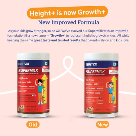 Gritzo Supermilk Growth+ (Formerly Height+) (13+Y Boys) | 13g Protein Powder (Cafe Mocha | 400g)