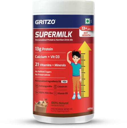 Gritzo Supermilk Height+ Protein Drink For Boys (13+ Yrs) | 400g | Cafe Mocha