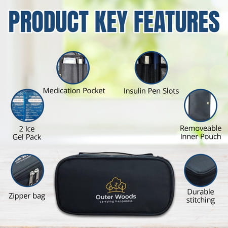 Outer Woods Insulin Cooler Bag With 2 Ice Gel Packs | 6+ Hrs Cooling | Insulin Travel Pouch - Black