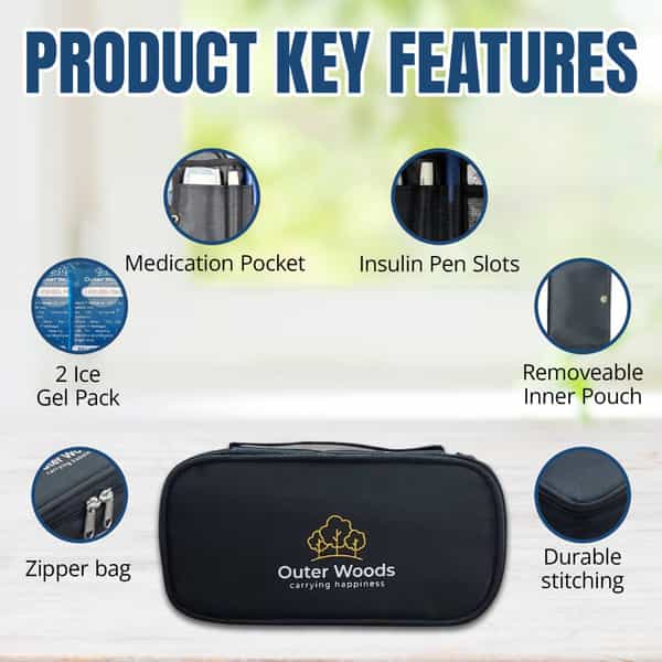 Outer Woods Insulin Cooler Bag With 2 Ice Gel Packs | 6+ Hrs Cooling | Insulin Travel Pouch - Black