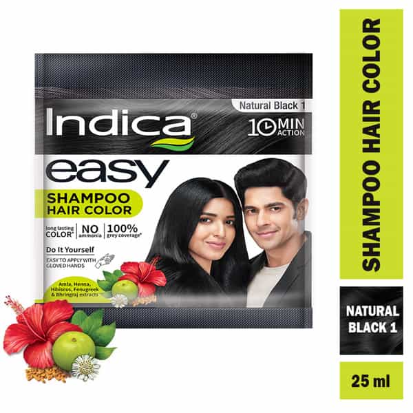 Indica Easy Do-It-Yourself 10 Minutes Hair Color Shampoo | 12.5G + 12.5Ml Natural Black Colour