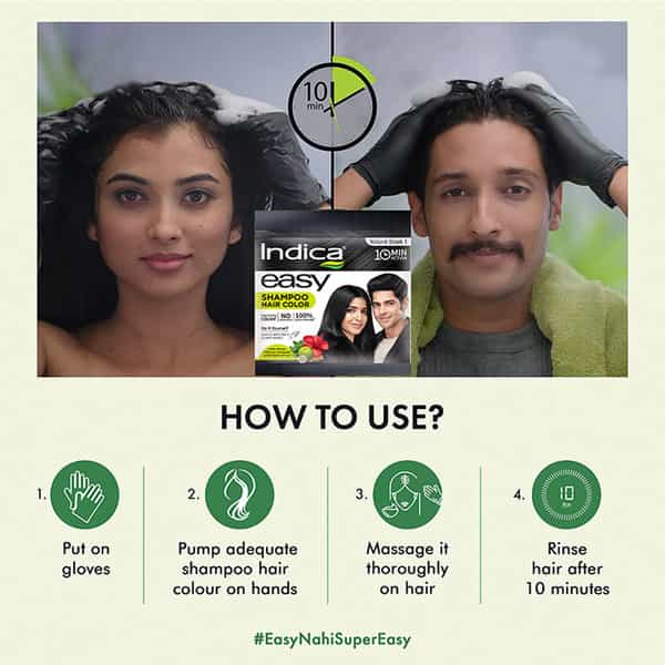 Indica Easy Do-It-Yourself 10 Minutes Hair Color Shampoo | 12.5G + 12.5Ml Natural Black Colour