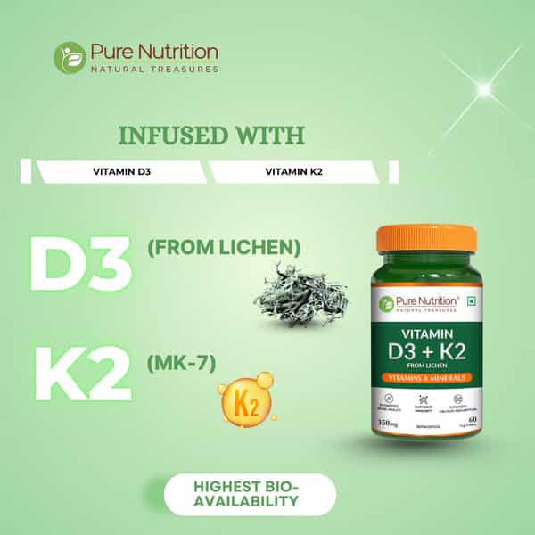 Pure Nutrition Vitamin D3 (Lichen Source) + Vitamin K2 (Mk-7 55Mcg) 600 Iu - 120 Veg Tablets