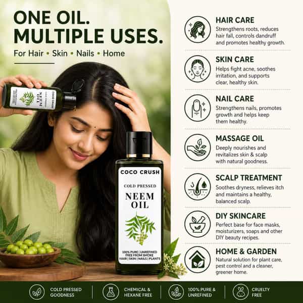 Coco Crush Neem Oil Cold-Pressed For Skin Care | Pimples & Scalp Treatment -200Ml
