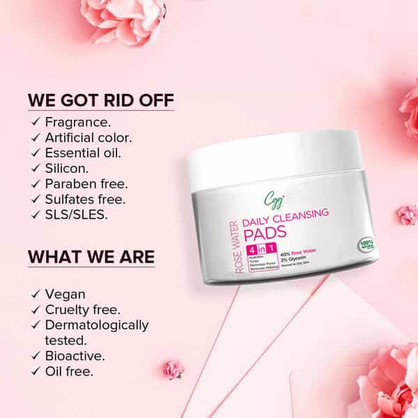 Cgg Cosmetics Rose Water Daily Cleansing Pads With 100% Organic Cotton 4 In 1 - 50 Pads