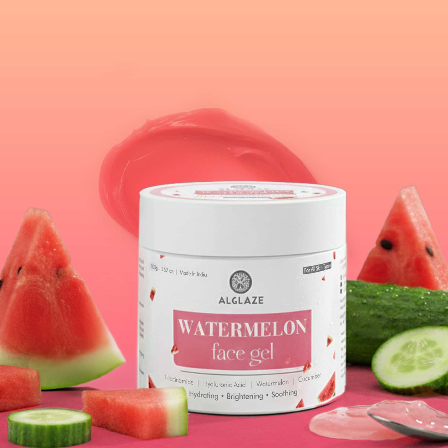 Alglaze Watermelon Face Gel | Hydrating Soothing | Niacinamide Hyaluronic Acid & Watermelon | 100g