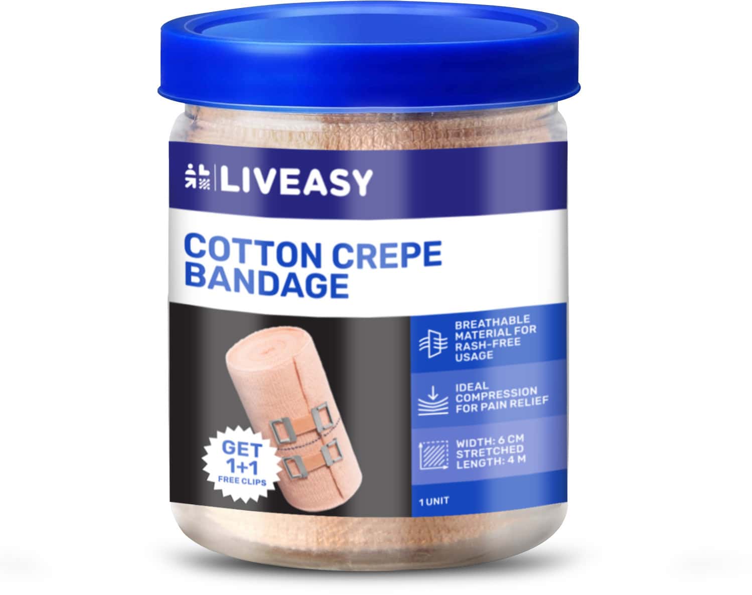 Liveasy Cotton Crepe Bandage - Reduces Strain Sprain & Swelling - 6 Cms X 4 Meters