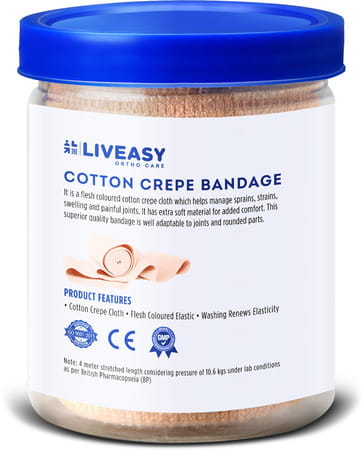 Liveasy Cotton Crepe Bandage - Reduces Strain Sprain & Swelling - 6 Cms X 4 Meters