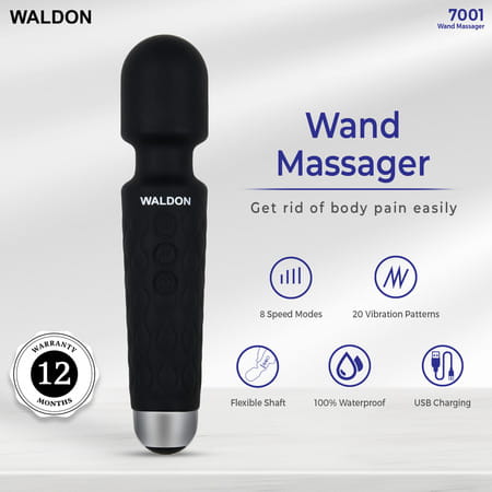 Waldon Personal Handheld Wand Massager Cordless 8 Speed Mode For Pain Relief (Black)